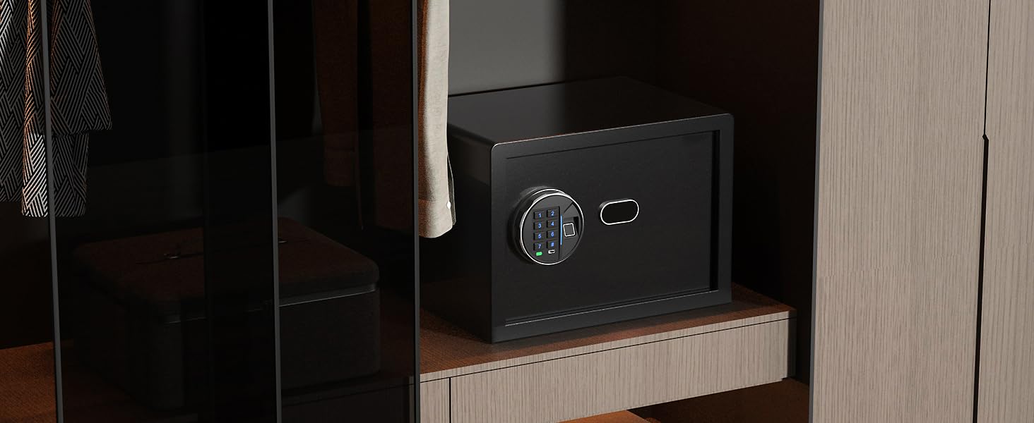 Сейф Grimtron з біометричним сканером відбитків пальців – 22L, LED-підсвічування, тихий режим, захист від злодіїв, нержавіюча сталь, чорний
