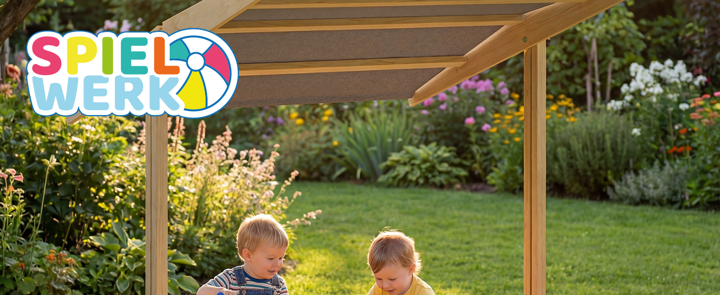 Пісочниця Spielwerk Sonnendach 120x120 см з дахом, натуральне дерево, захист від УФ, борти, підкладка, дитяча пісочниця Fritzi