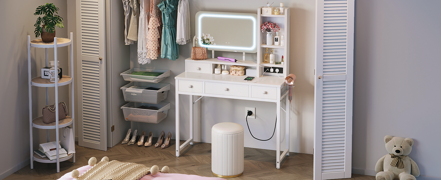 Трюмо ODK з регульованим LED-дзеркалом, туалетний столик з 4 висувними ящиками, USB-порт, білий колір, 100×40×140 см