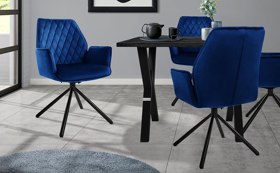 Крісла для їдальні ML-Design, комплект з 4 шт., темно-синій, з м'якою оббивкою з велюру, поворотні, з металевими ніжками, ергономічні