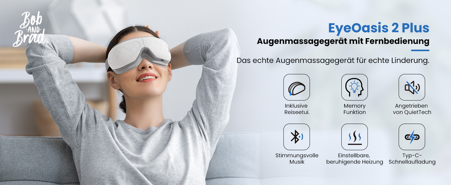 Масажер для очей Bob and Brad EyeOasis 2 з підігрівом, музикою та компресією, електричний. Зменшує темні кола та сухість очей. Маска для очей з пультом керування.