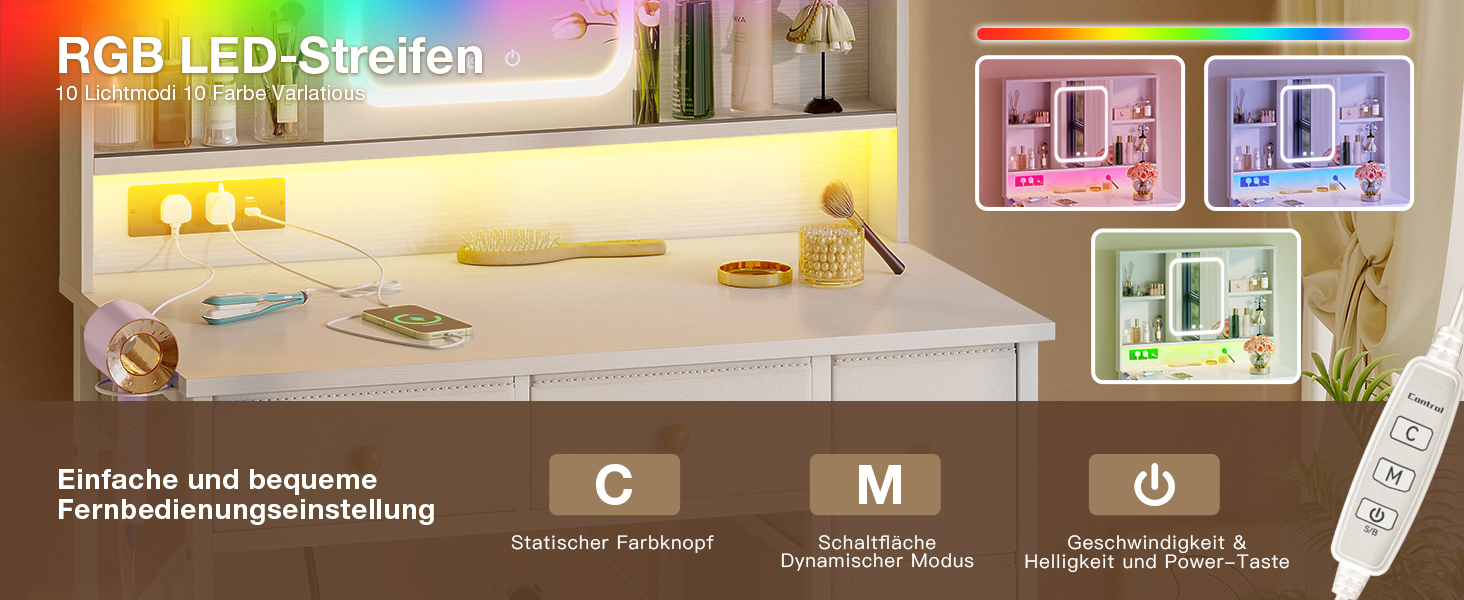 Дзеркальний туалетний столик ODK з регульованим LED-дзеркалом, USB-роз'ємами та RGB-підсвіткою, 5 висувними ящиками та 3 полицями, білий, 90×40×139 см