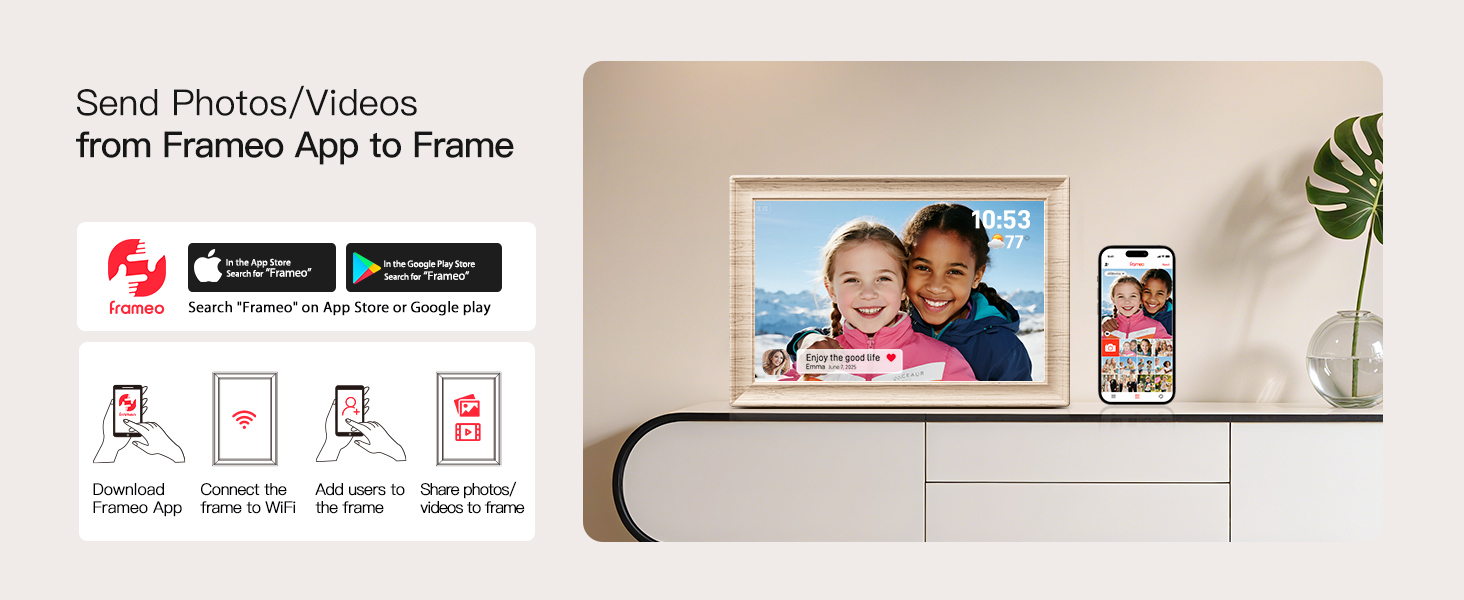 Frameo Цифровий фоторамка 10.1 дюймів, HD 1280*800 IPS сенсорний екран, 32GB пам'ять, автоповорот, Frameo App для обміну фото та відео, білий дерев'яний масив