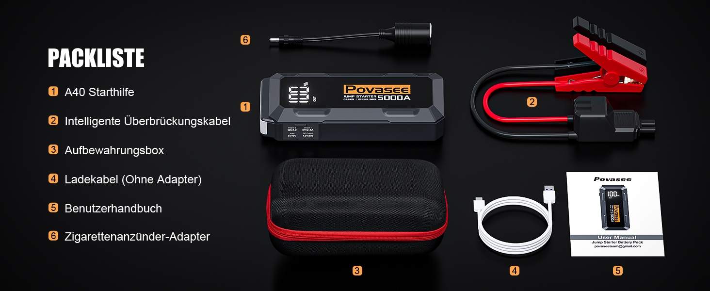 Бустер автозапуску Povasee Starthilfe Powerbank 5000A для бензинових та дизельних двигунів (до 10л), пусковий пристрій 12V з LCD-дисплеєм, USB-портами та LED-ліхтарем, сірий