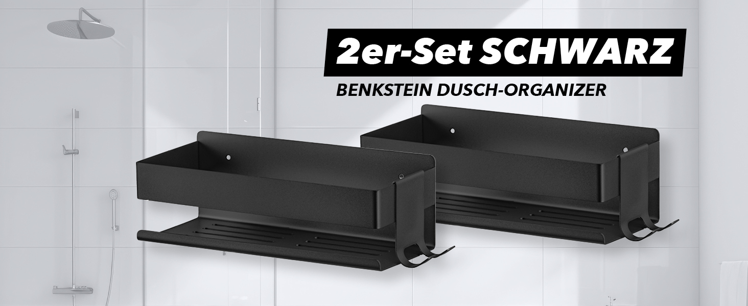 Набір душових полиць BENKSTEIN (2 шт.) | Полиці для душу з кріпленням на клей або свердління | Корзинка для душу без свердління | Тримач для гелю для душу та шампуню | Організатор для ванної кімнати, полиця для душу, срібна, 2 шт.