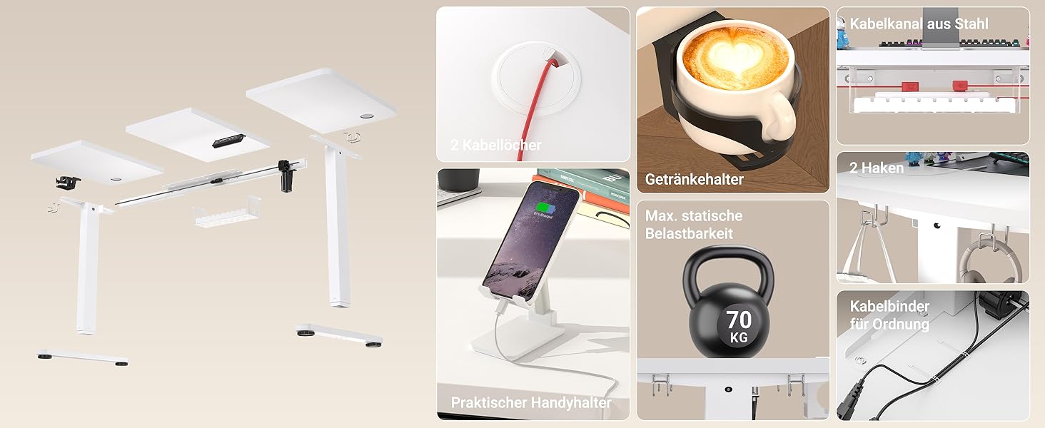 Регульований стіл з USB-C зарядкою 140 x 60 см, пам'ять, електричний, стабільний, стоп-стіл, регульований комп'ютерний стіл (білий, 140 x 60 см)