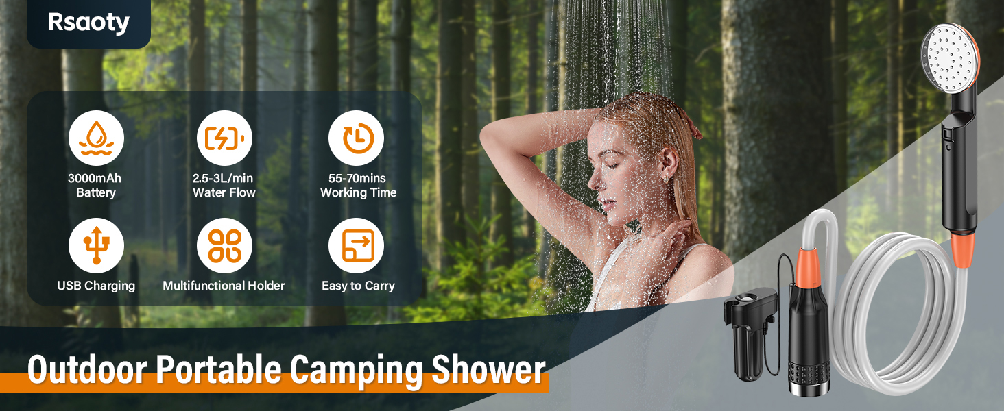Портативна душова кабіна для кемпінгу з акумулятором 3000mAh, з помпою та насадкою, 1.8м шланг, для відпочинку, подорожей, миття авто та пляжу