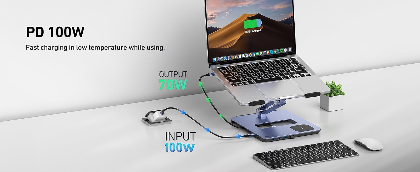Підставка для ноутбука BENFEI з алюмінію з USB-C док-станцією 6в1, 15W Mag-Safe зарядкою, USB 3.0 KVM Switch, HDMI 4K@60Hz, 4*USB3.0, 100W PD для MacBook Pro/Air iPad Pro XPS Thinkpad