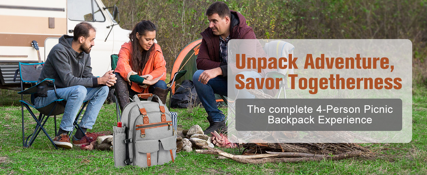 Набір для пікніка на 4 особи з термосумкою, флісовою ковдрою, столовим приладдям, для кемпінгу, пляжу, подорожей, походів (Світло-сірий)