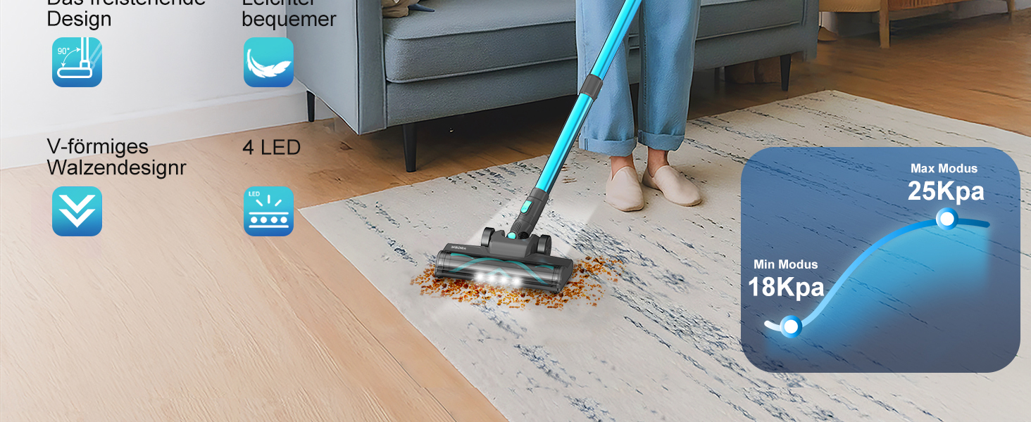 Бездротовий акумуляторний пилосос з потужністю 25000Pa, 175W, час роботи 50 хвилин. Бездротовий ручний пилосос з антизаплутувальною насадкою та самостійним паркуванням. Підходить для килимів, твердих підлог, видалення шерсті тварин. Колір: бірюзовий блакитний.