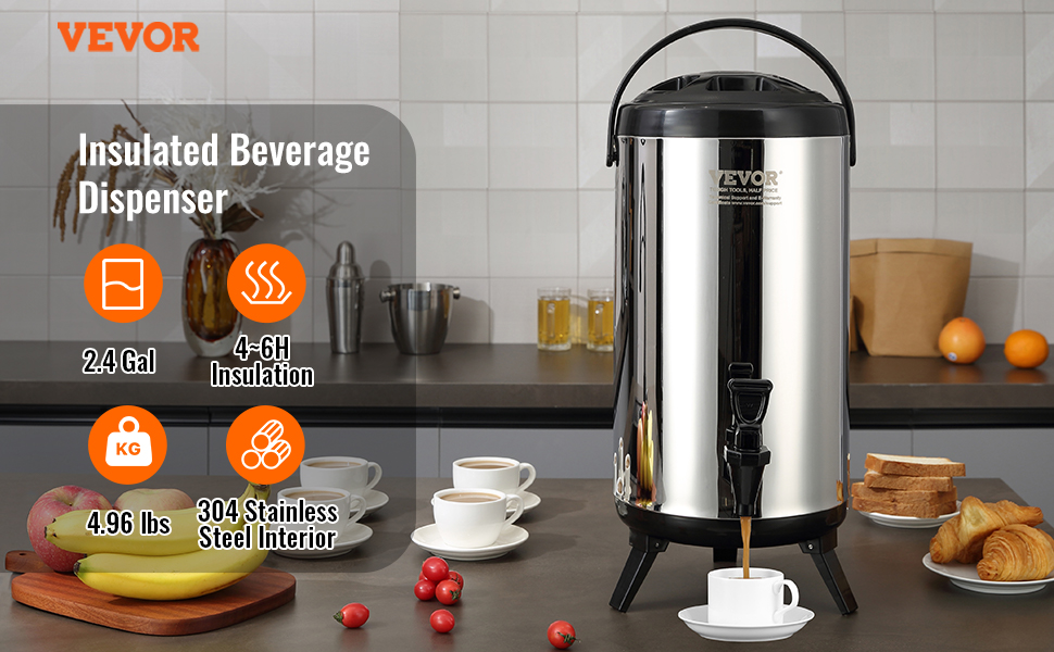Диспенсер для гарячих та холодних напоїв VEVOR, 17.2 л, з нержавіючої сталі. Диспенсер для води, кави, молока, соку. Ізотермічна кана 9.2 л