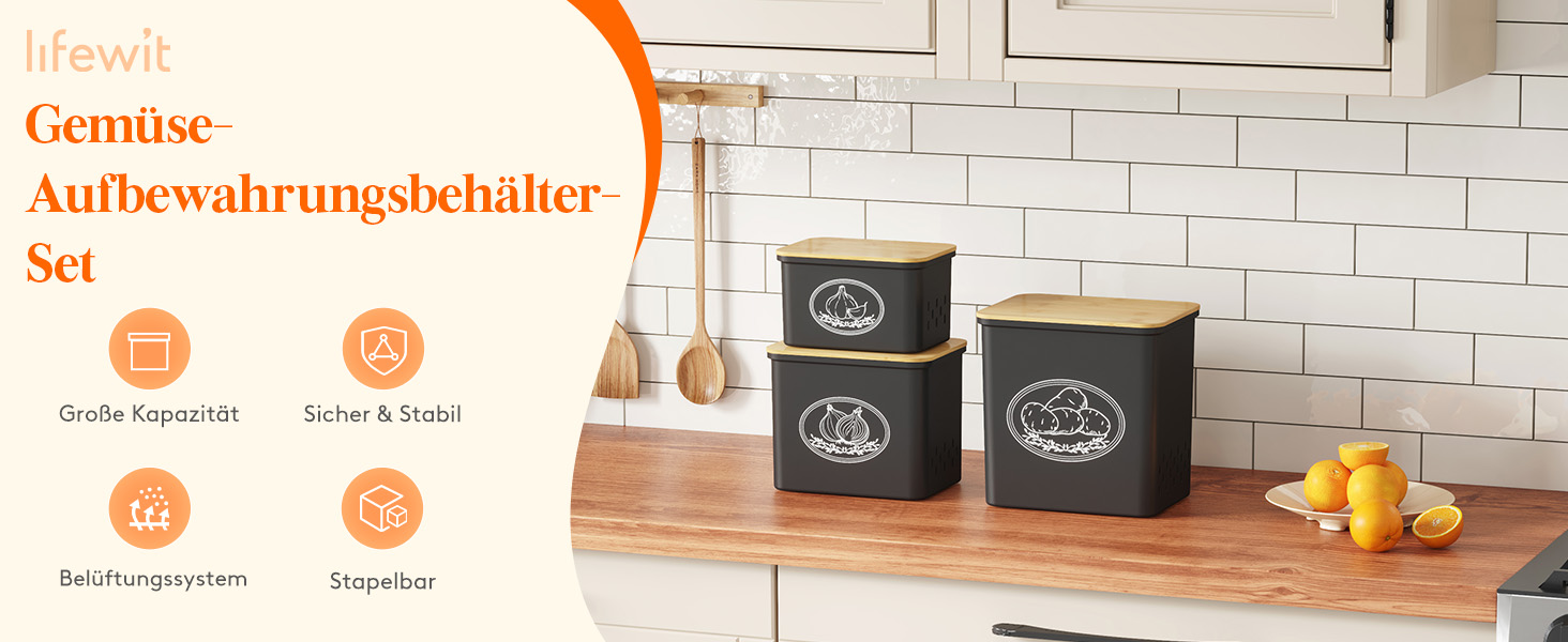 Набір контейнерів для зберігання картоплі, цибулі та часнику Lifewit (3 шт) - чорний, з вентиляцією, великий об'єм