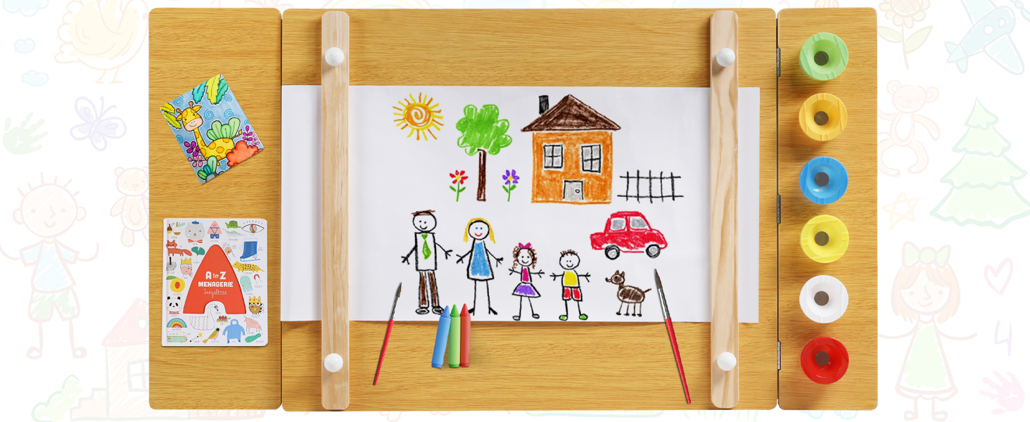 Дитячий стіл Kinder-Kunsttisch Set з 2 стільцями - дерев'яний набір для творчості для малюків з регульованою стільницею, відрами для пігментів та 8 тканинними ящиками для зберігання (Натуральний)