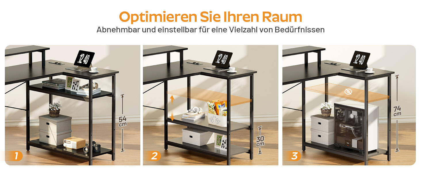 Кутовий стіл HLONONE з LED-підсвіткою та розетками, 110 x 80 см, з полицею, для комп'ютера, геймінгу, офісу, дому, білого (чорного) кольору