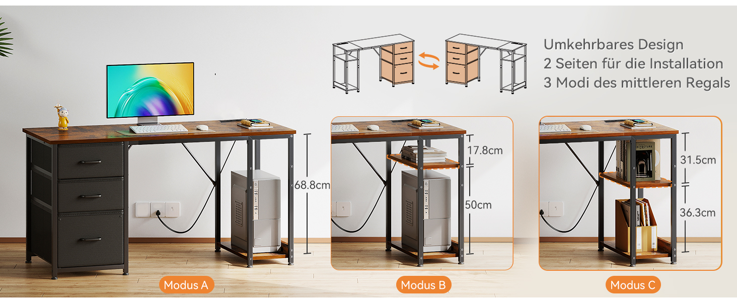 Комп'ютерний стіл Coleshome з ящиками з тканини, 130x48 см, з 2 розетками та 2 USB-портами, з полицею, для офісу/вітальні, коричневий, 130x48x75.7 см