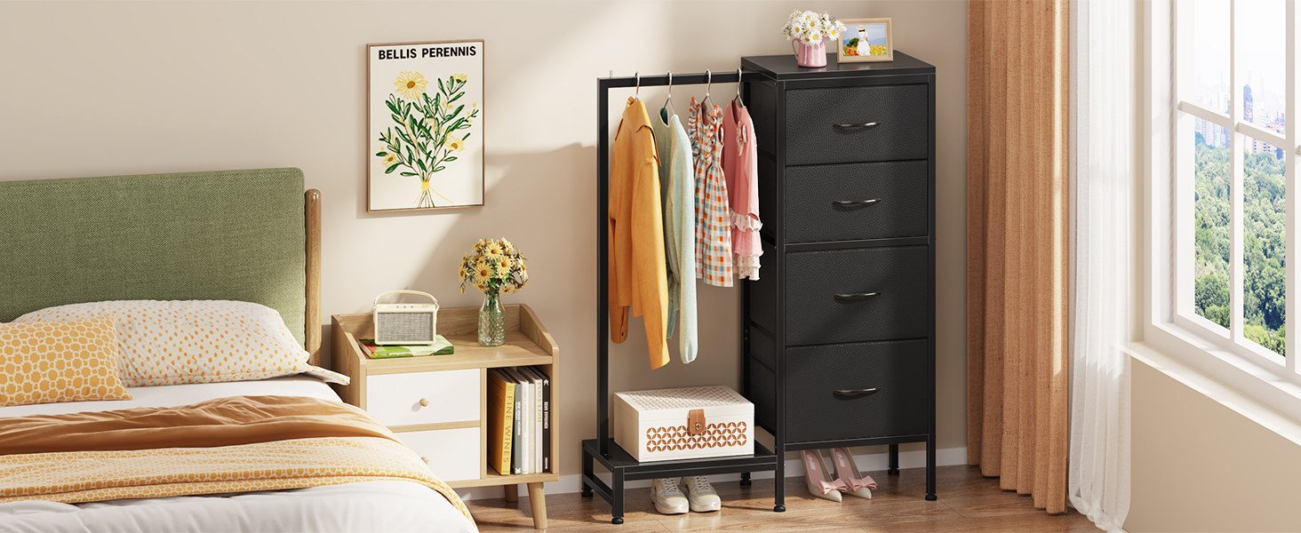 Комод 111 см з 4 висувними ящиками з тканини, шафа для одягу, комод для спальні, вітальні, коридору, чорний (30T x 76.5B x 111H см)