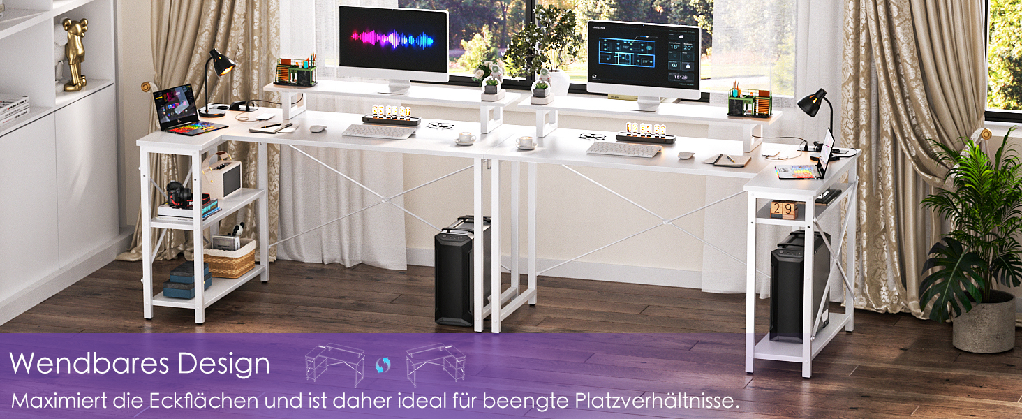 Ігровий кутовий стіл L-подібної форми з LED-підсвічуванням та розетками, 120x70 см, колір дуб (білий)