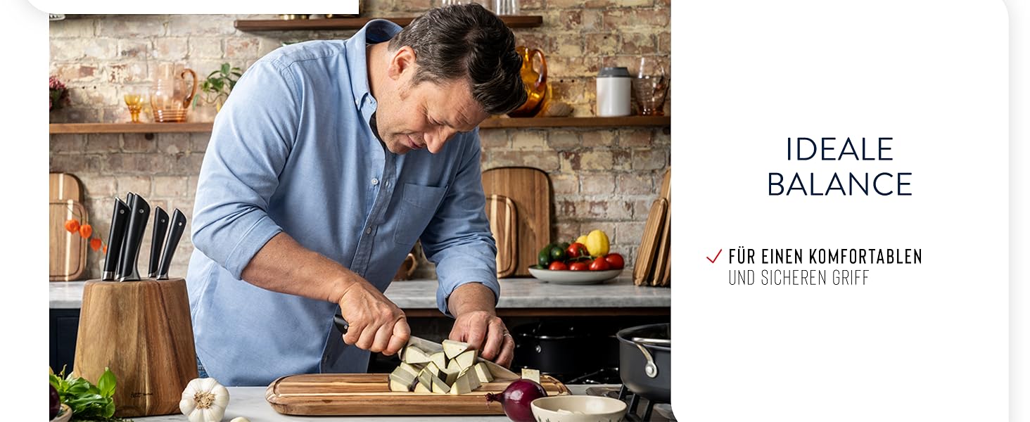 Набір кухонних ножів Jamie Oliver від Tefal з підставкою, 6 предметів: кухонний, сантоку, для хліба, універсальний та ніж для чищення, сталь з криозагартуванням, блок з акації, коричневий, K267S556