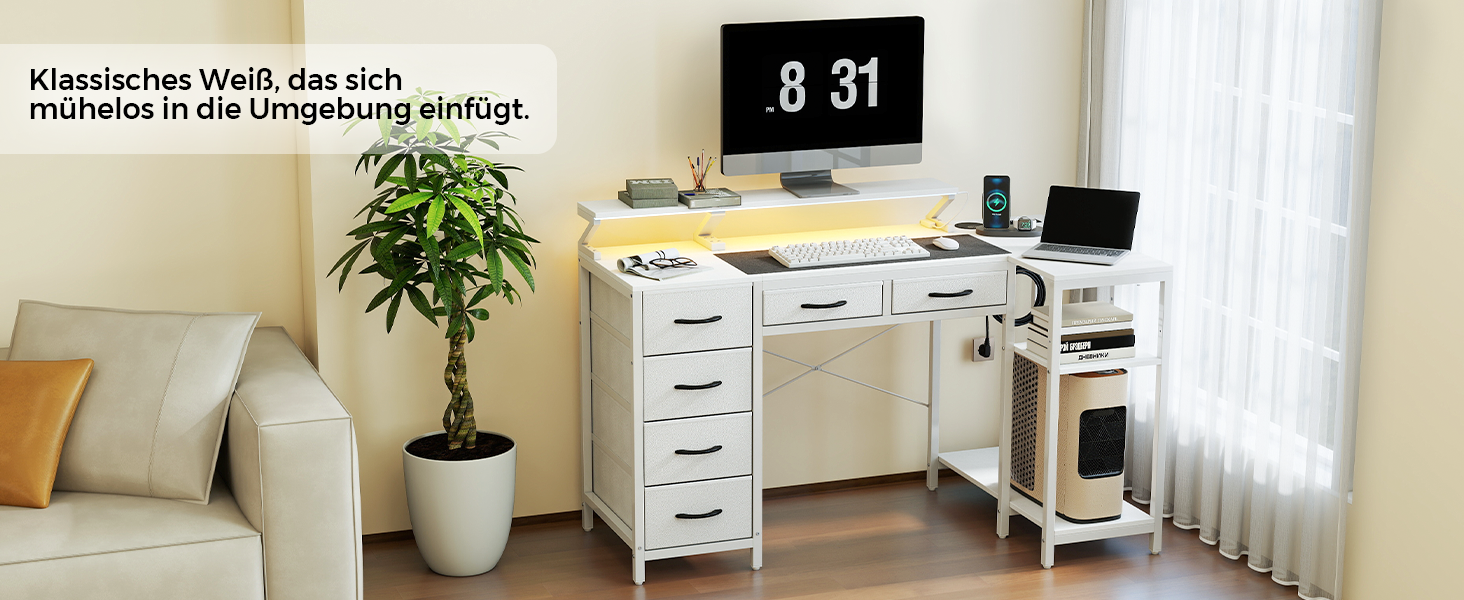 Кутовий письмовий стіл L-подібний з шухлядами, LED-підсвіткою, USB-портом та розеткою для комп'ютера, роботи та навчання, білий