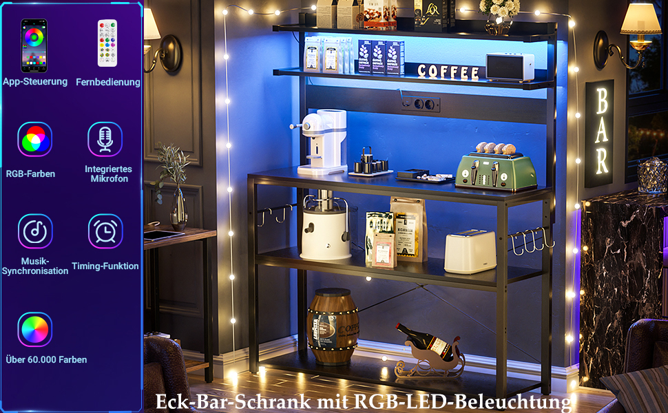 Кухонна полиця-стійка з розеткою, підставка для мікрохвильовки, 5-рівнева кавобар з LED-підсвічуванням, полиця для спецій, каструль та сковороди (80 см, чорний)