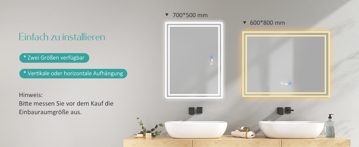 Дзеркало для ванної кімнати EMKE з підсвічуванням 80x60 см, LED, з датчиком руху, сенсорне, проти запотівання, 3 кольори світла, регулювання яскравості, таймер 1 год, IP44, енергозберігаюче