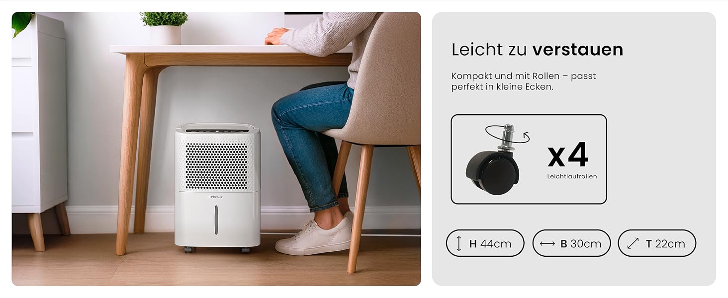 Pro Breeze® Eco Kompakt 12L/день: Електричний осушувач повітря з LED-дисплеєм, функцією сушіння білизни та Smart App (20 м²)