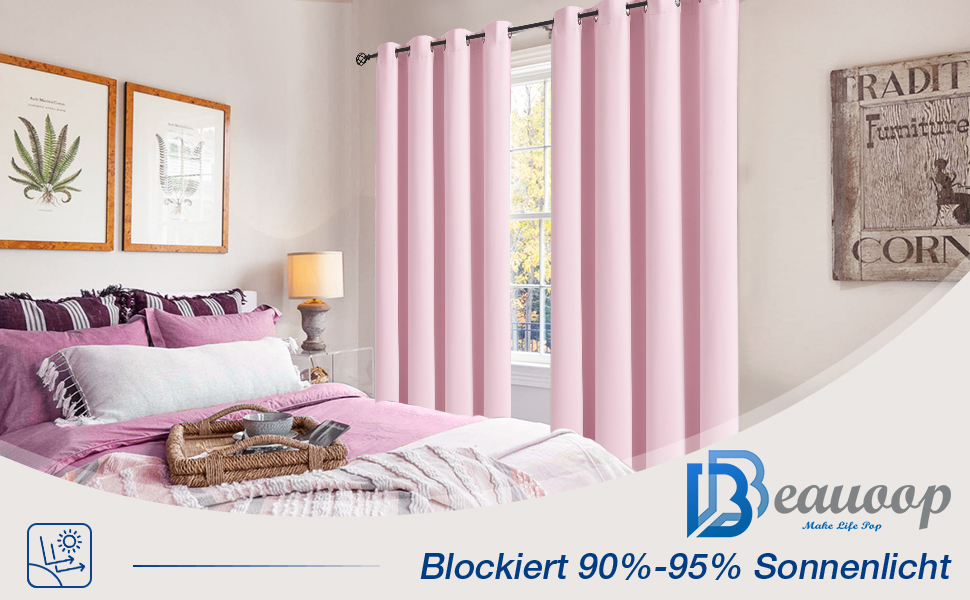 Штори Beauoop Pink Blackout з люверсами, комплект 2, 175x140 см, непрозорі