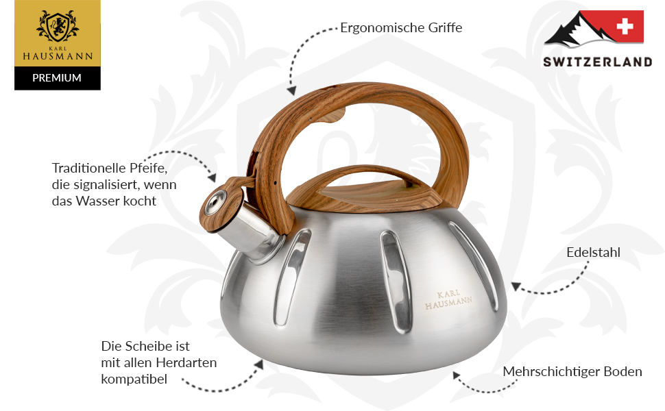 Чайник Karl Hausmann 3L з автоматичним свистком - сріблястий, з нержавіючої сталі для індукційних, газових та електричних плит