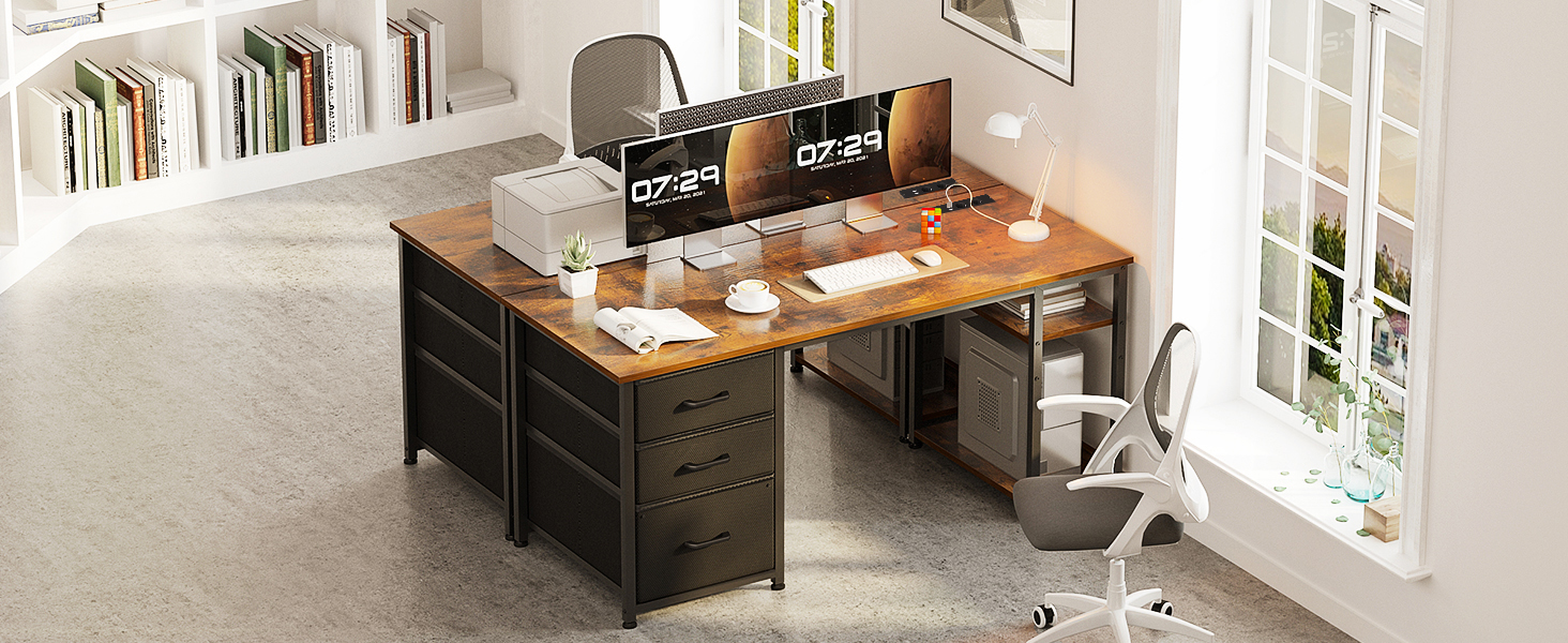 Комп'ютерний стіл Coleshome з ящиками з тканини, 130x48 см, з 2 розетками та 2 USB-портами, з полицею, для офісу/вітальні, коричневий, 130x48x75.7 см