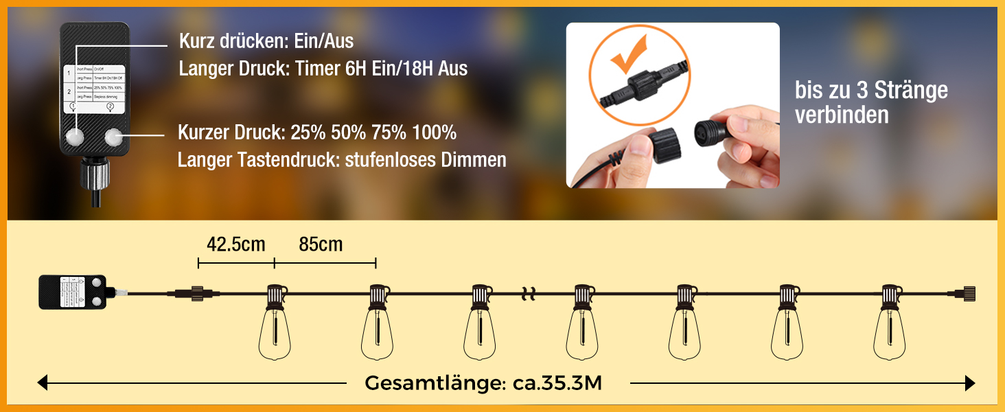 Світлодіодний струнний світильник на відкритому повітрі з регулюванням яскравості з таймером, 35,3 м, теплий білий, стійкий до погодних умов для саду/балкона/вечірки