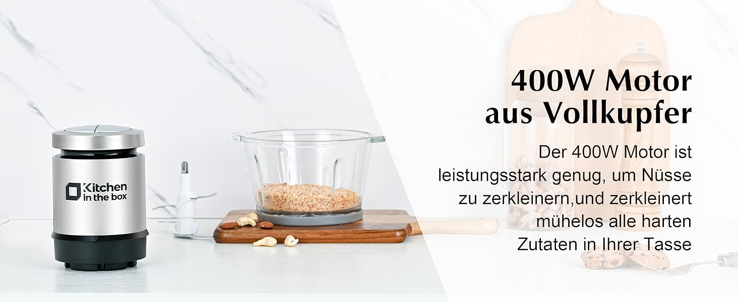 Електричний подрібнювач для кухні Kitchen in the Box 400W з 2 чашами (2L+2L) та двосторонніми лезами з нержавіючої сталі. Подрібнювач для м'яса, овочів, цибулі, фруктів срібного кольору.