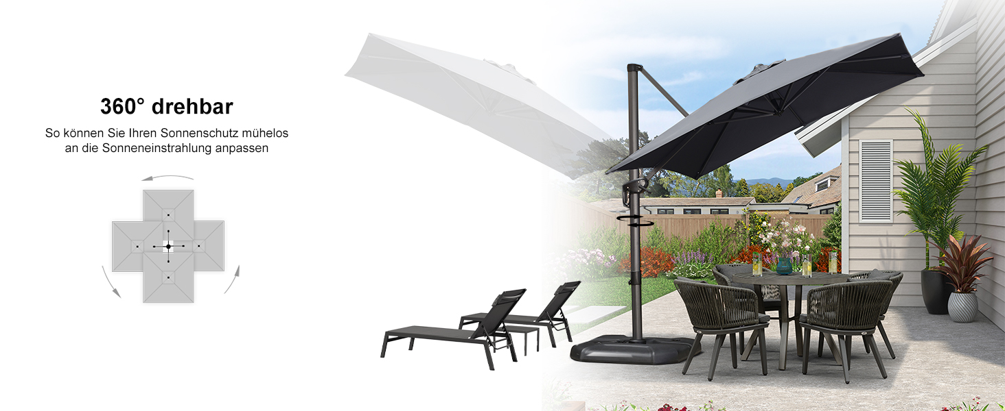 Парасолька від сонця PURPLE LEAF 250x250 см, велика підвісна парасолька-ампел з рукою-коханцем, поворотом на 360° та хрест-підставкою для тераси та балкона, сіра