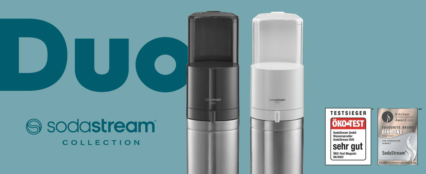 Сифон для води SodaStream Duo Family Pack: з CO2-циліндром, 2 скляними та 2 пластиковими пляшками по 1л (придатні для ПММ), білий, висота 44 см