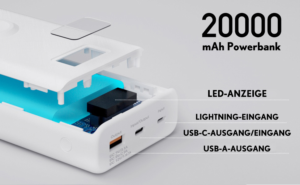 Сумісний з iPhone, Samsung, Apple Watch, дронами, QC 3.0 і PD (білий), 22.5W Power Bank 20000mAh