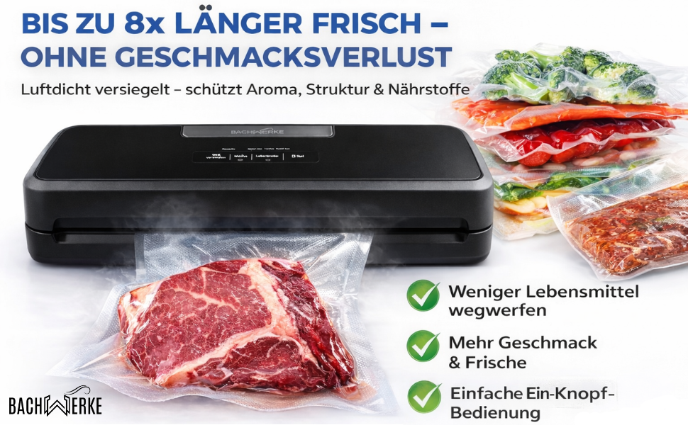 Вакууматор для продуктів BACHWERKE: вакуумний пакувальник з шириною шва 32 см, набором пакетів та рулоном плівки, чорний