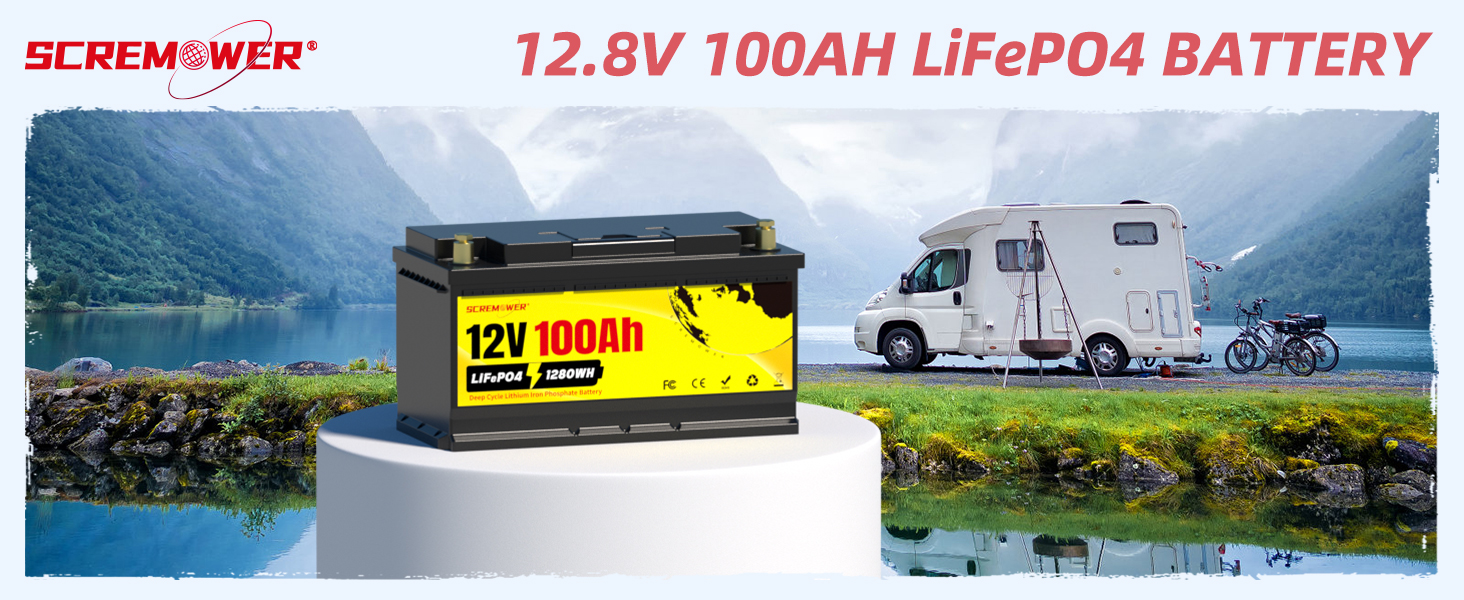 Акумулятор SCREMOWER 12V 100Ah LiFePO4 зі 100 А BMS, портами USB для сонячної батареї, човнів, автофургонів, кемпінгу