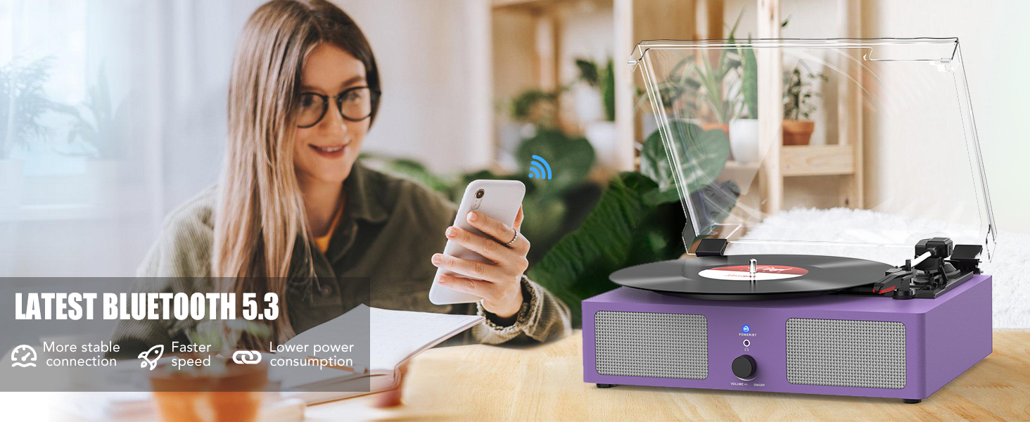 Вініловий програвач Udreamer з Bluetooth, вбудованими динаміками, пасиковим приводом, вінтажний фоноґраф на 3 швидкості, для музики та декору, фіолетовий