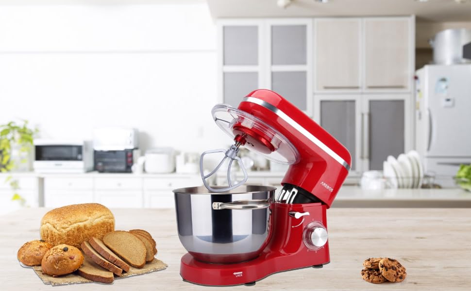 Кухонна машина Arebos 1500W з чашею 6L з нержавіючої сталі | Змішувач, гак для тіста, вінчик | Кришка від бризок | 6 швидкостей | Кухонний комбайн | Машина для тіста (червона)