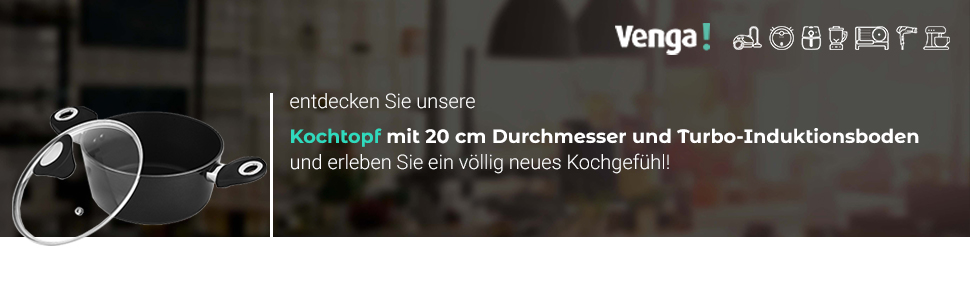 Венга Каструля з кришкою, діаметр, ємність 1,3 л, антипригарне покриття, можна мити в посудомийній машині, турбо-індукційне дно, ергономічні м'які на дотик ручки, чорний / сріблястий колір, VG POT 3010 (20 см, стандартна ручка)