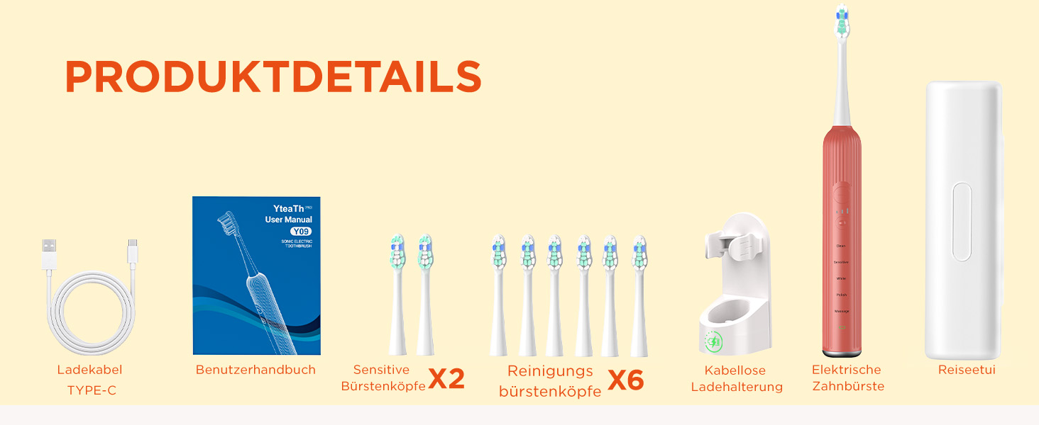 Електрична зубна щітка звукового типу для дорослих та дітей Rosenrot, 5 режимів, 3 інтенсивності, таймер, 8 насадок, етитуй