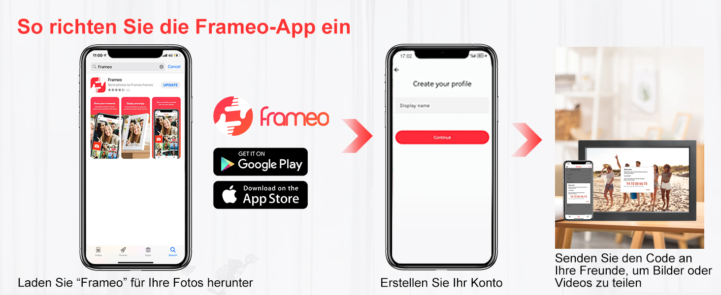 Frameo Цифровий фоторамка 15.6 дюймів Wi-Fi, FHD IPS сенсорний екран, 32GB, автоматичне обертання, ділитися фото та відео, кріплення на стіну