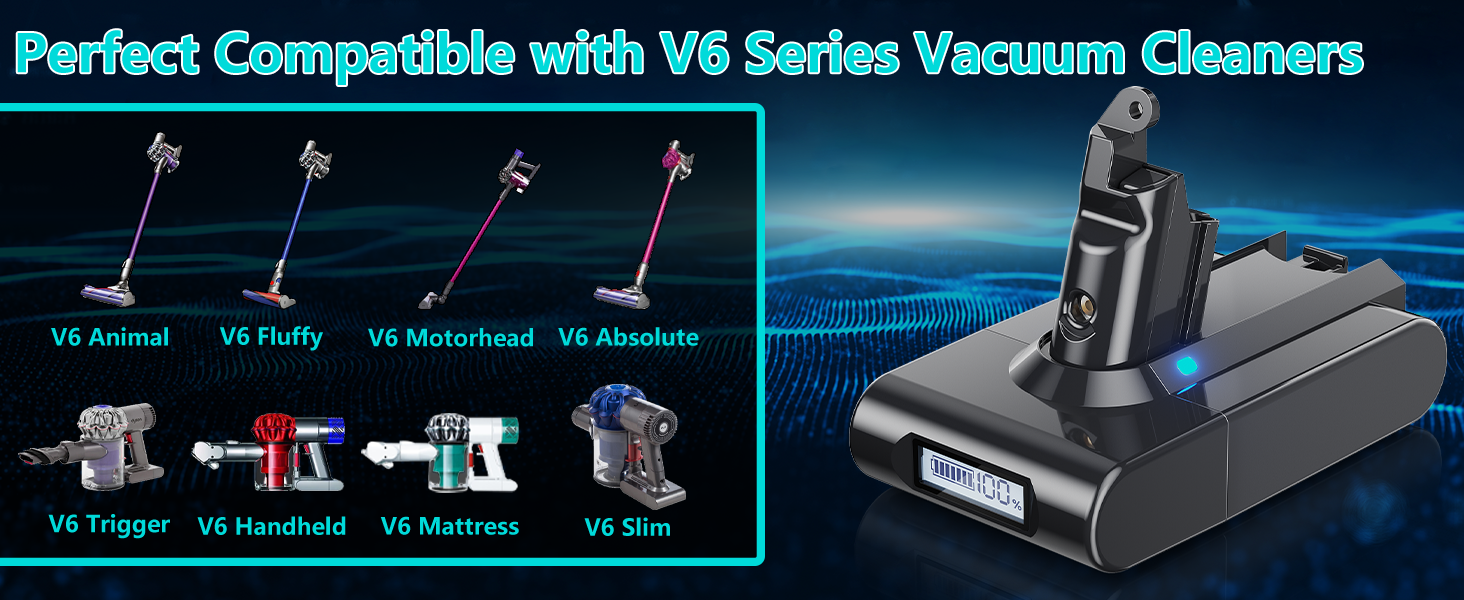 Акумулятор Dyson V6 8000mAh з LCD-дисплеєм, сумісний з DC58-DC74, Animal/Absolute/Motorhead/Fluffy + 2 фільтри, сірий