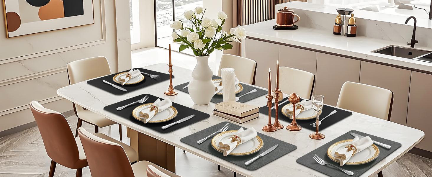 Набір підставок під тарілки 6 шт, неслизькі, миючіся, з штучної шкіри, 40 x 30 см (сірий/чорний)