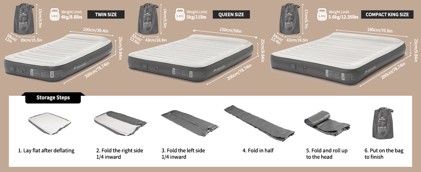 Надувний матрац Naturehike 2 особи з електричним насосом, 200x150x25 см. Самостійно надувний, преміум-якість, для кемпінгу та дому. Колір: коричневий та сірий (з подушками)