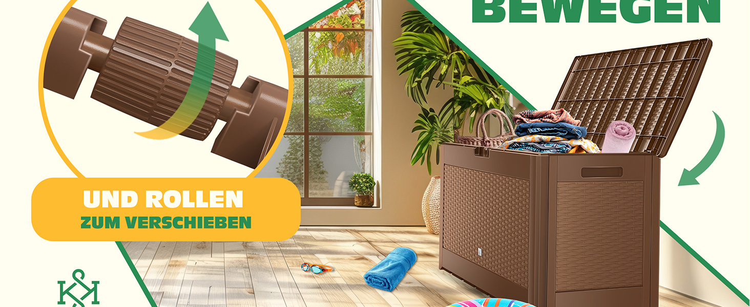 Скриня для подушок KESSER 310л з роликами, замком та автоматичним підйомником, антрацит. Садова водонепроникна скриня для зберігання речей, ратан-ефект