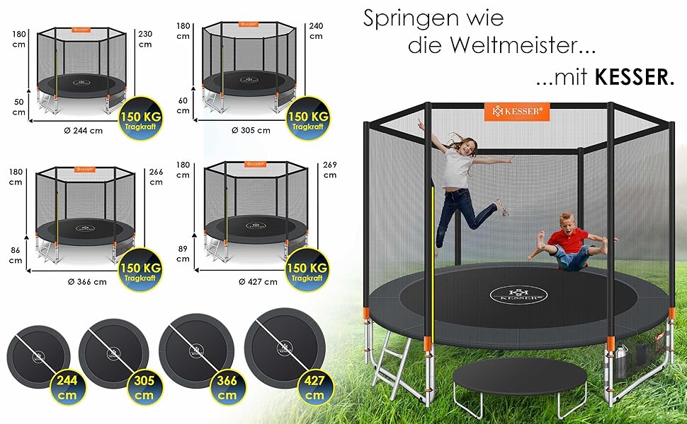 Батут KESSER для дітей та дорослих Ø244/305/366/427 см з сіткою, драбиною, захисним покриттям та сумкою - до 150 кг, помаранчевий