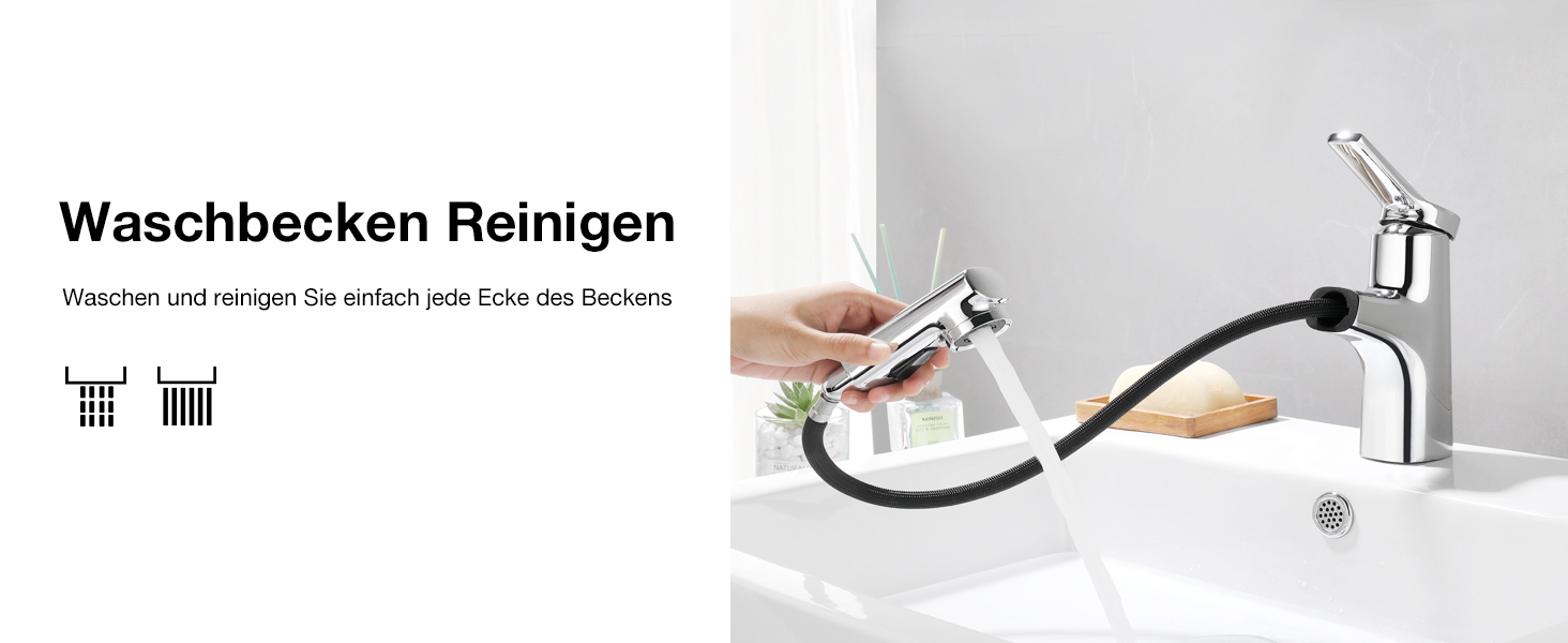 Сучасний змішувач для ванної кімнати CREA з висувною лійкою, 2 режими струменя, з міді, хром, для умивальника