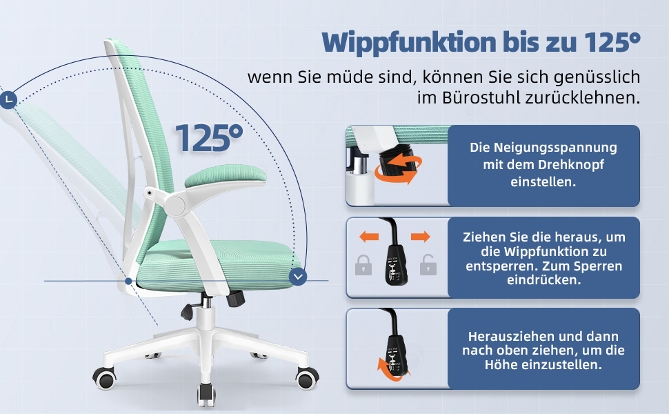 Офісне крісло Hinode з підйомними підлокітниками та функцією гойдання, 360° обертання, регульована висота, ергономічне крісло для дому та офісу з дихаючою сіткою, до 150 кг (Блакитно-зелений, Стиль 1)