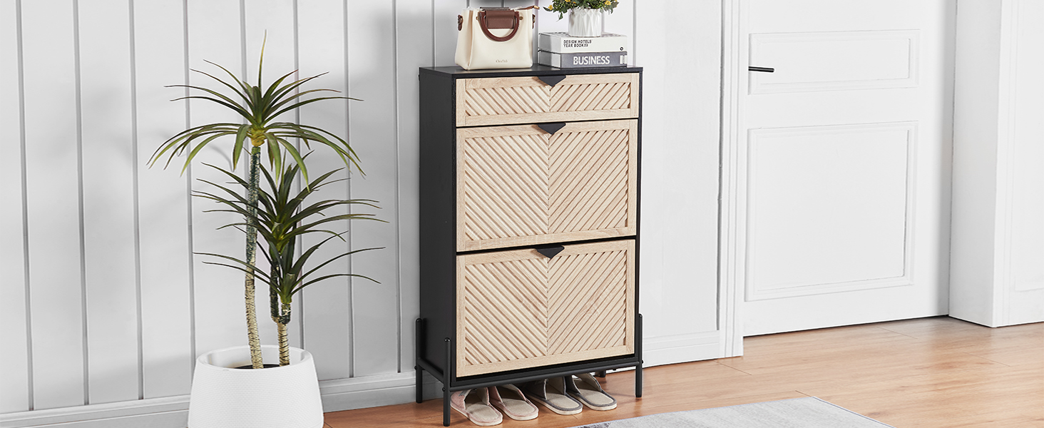 Вузька шафа для взуття з 2 дверцятами, економна, закрита полиця для взуття, шафа для взуття, полиця для взуття з ящиками для передпокою та вітальні (Дуб & Чорний) Дуб & Чорний Середній