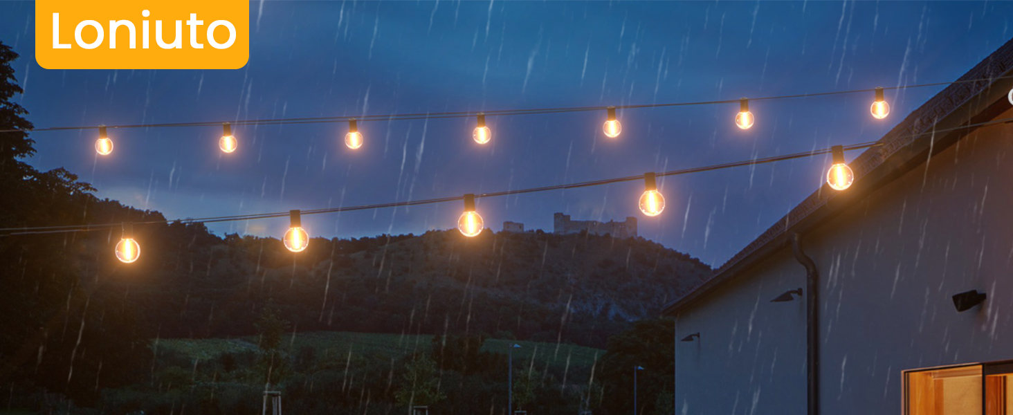 Ланцюжок прикрас для зовнішнього використання, 15м, з 25+2 LED-лампочками G40, тепле біле світло 2700K, IP65, вологостійкий, для саду, тераси, вечірок, чорний